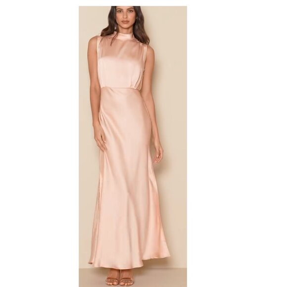 Lulus Classic Elegance Peach Satin Sleeveless Mock Neck Maxi Dress Size XS NWOT - Picture 4 of 9